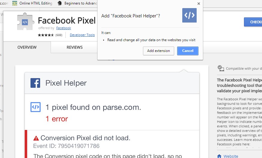 Add facebook pixel helper Extension